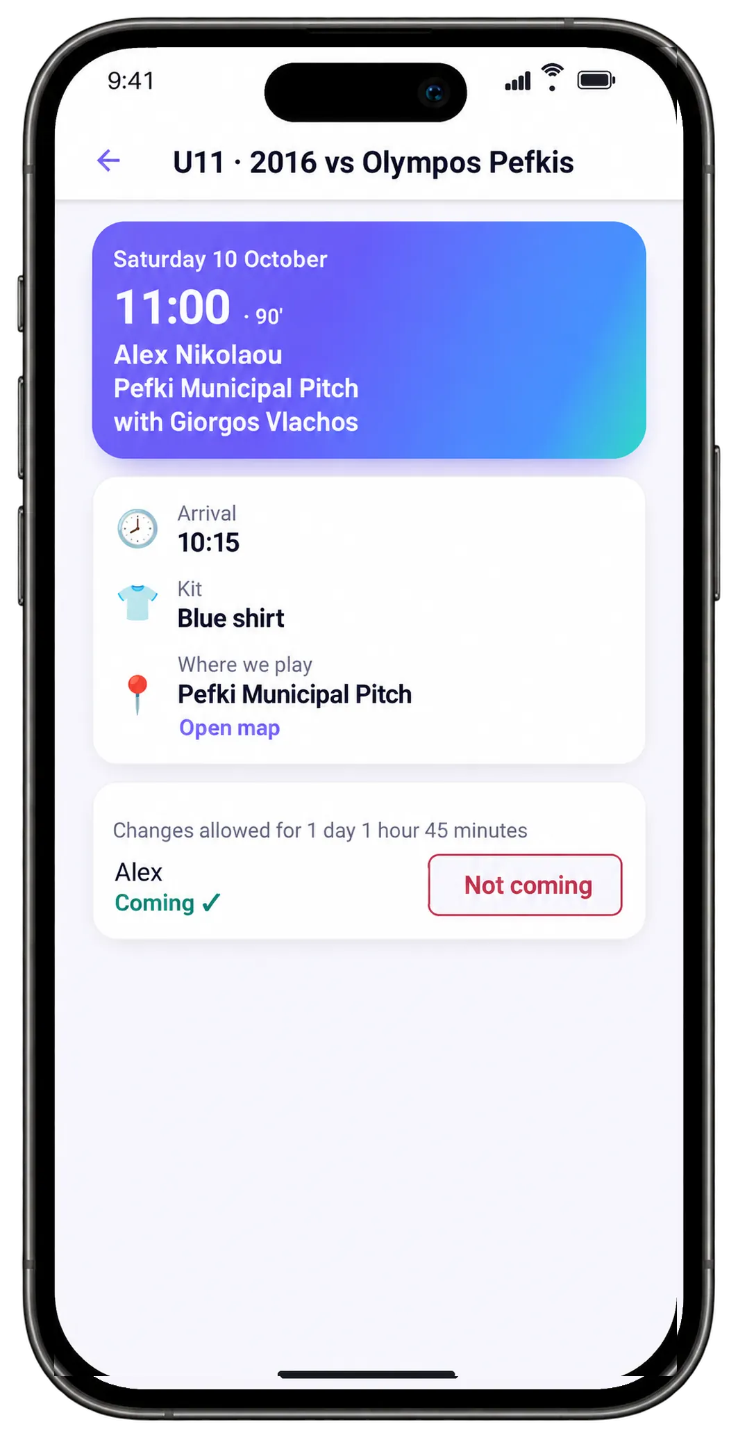The match on a parent's phone: Saturday 11:00, meet at 10:15, blue shirt, Pefki Municipal Stadium with a map, and a Not coming button