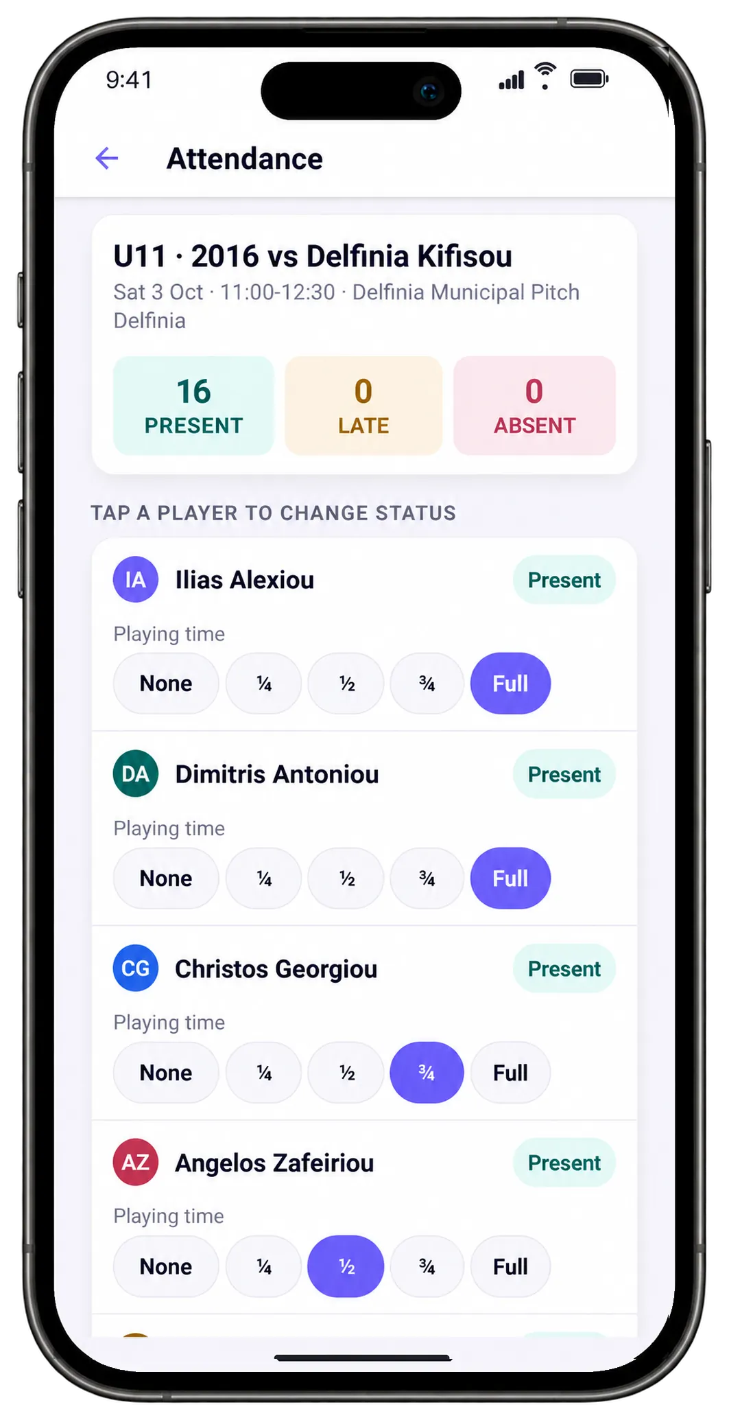 The match register on the phone: 16 present, and how long each player played, from not at all to the full match