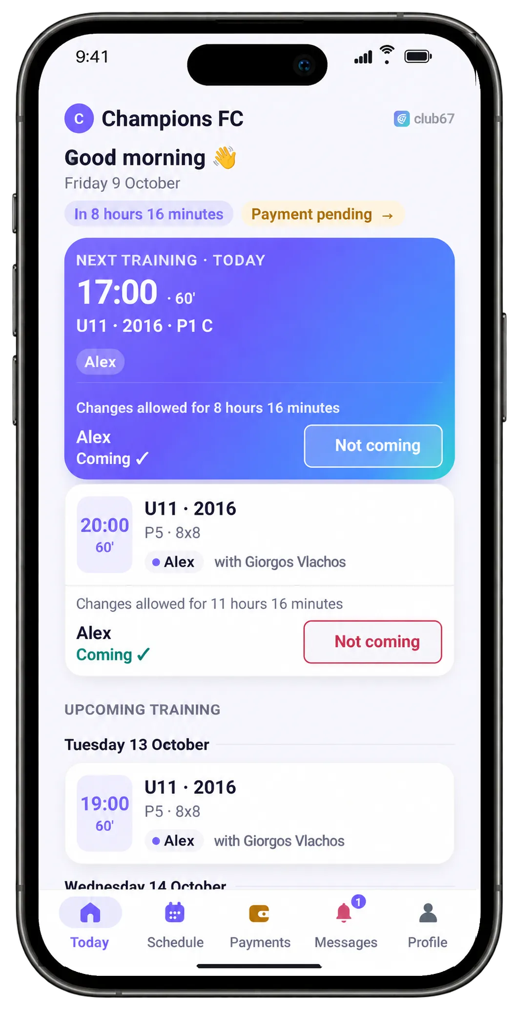The family app: next session today at 17:00, U11 on Pitch 1 C, coming, with a Not coming button
