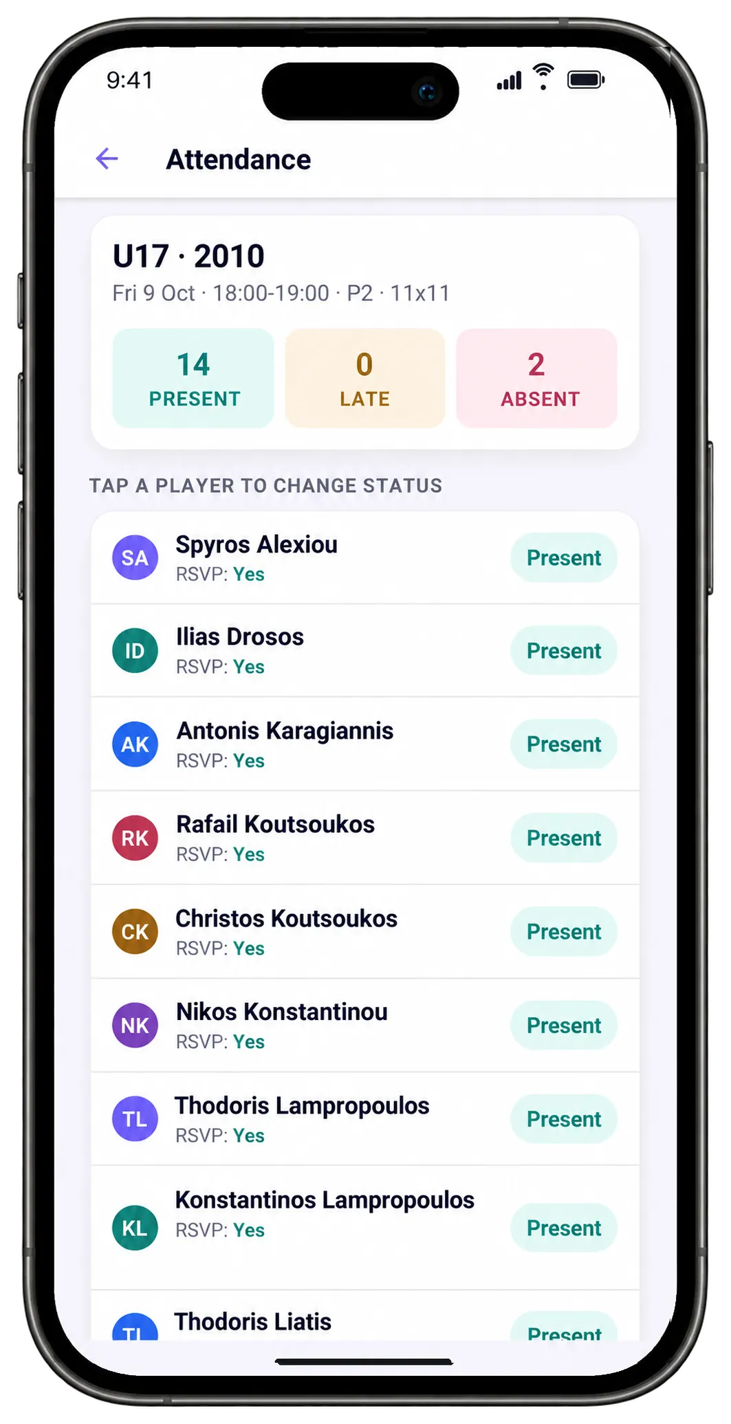 The U17 register on the coach's phone: 14 present, 2 absent, and who said they were coming
