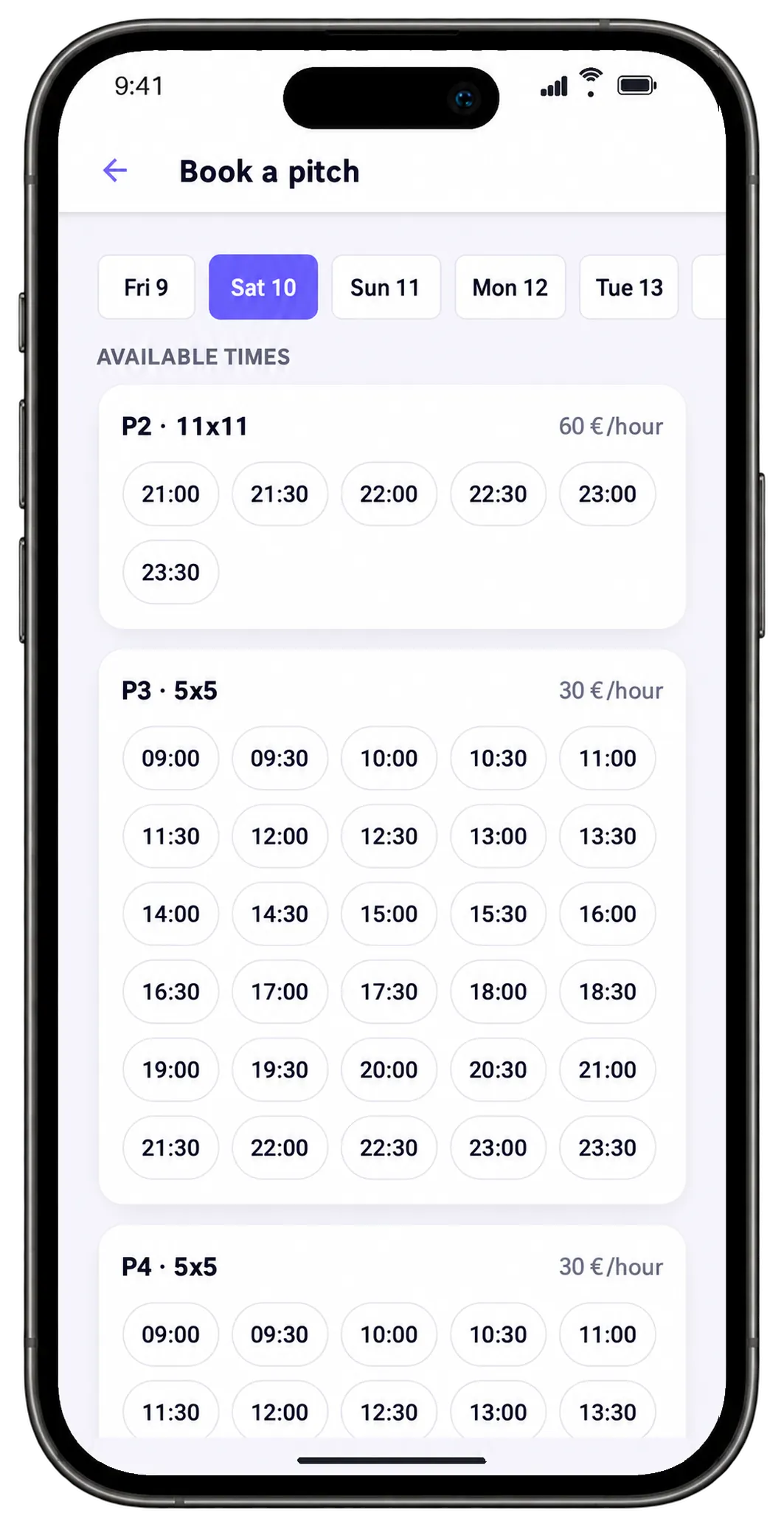 Book a pitch on the phone: Saturday's free slots per pitch, with the hourly price