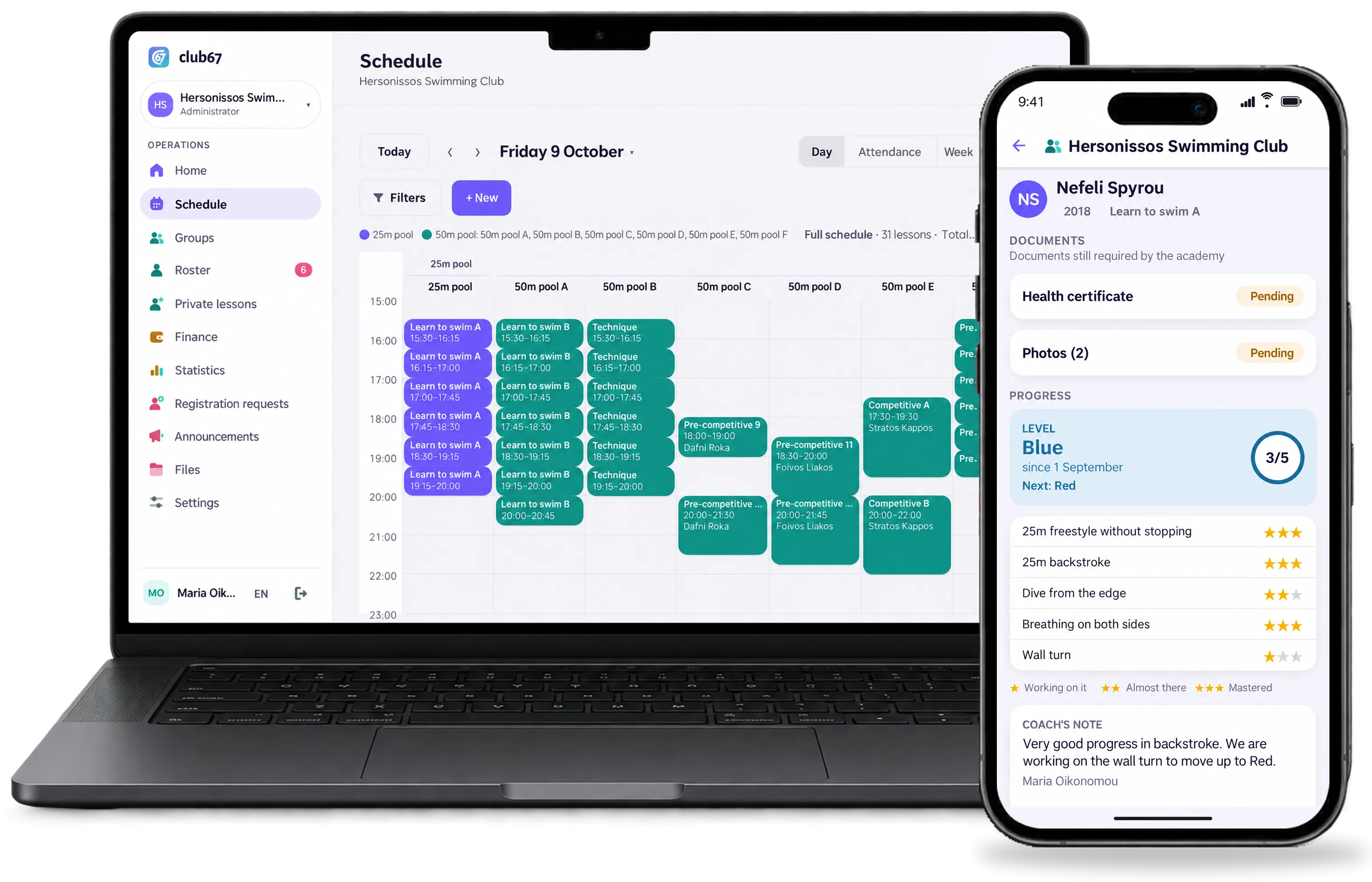 club67 for a swimming club: the day's schedule per pool and lane on the laptop, and a swimmer's progress at Blue level with her skills on the iPhone