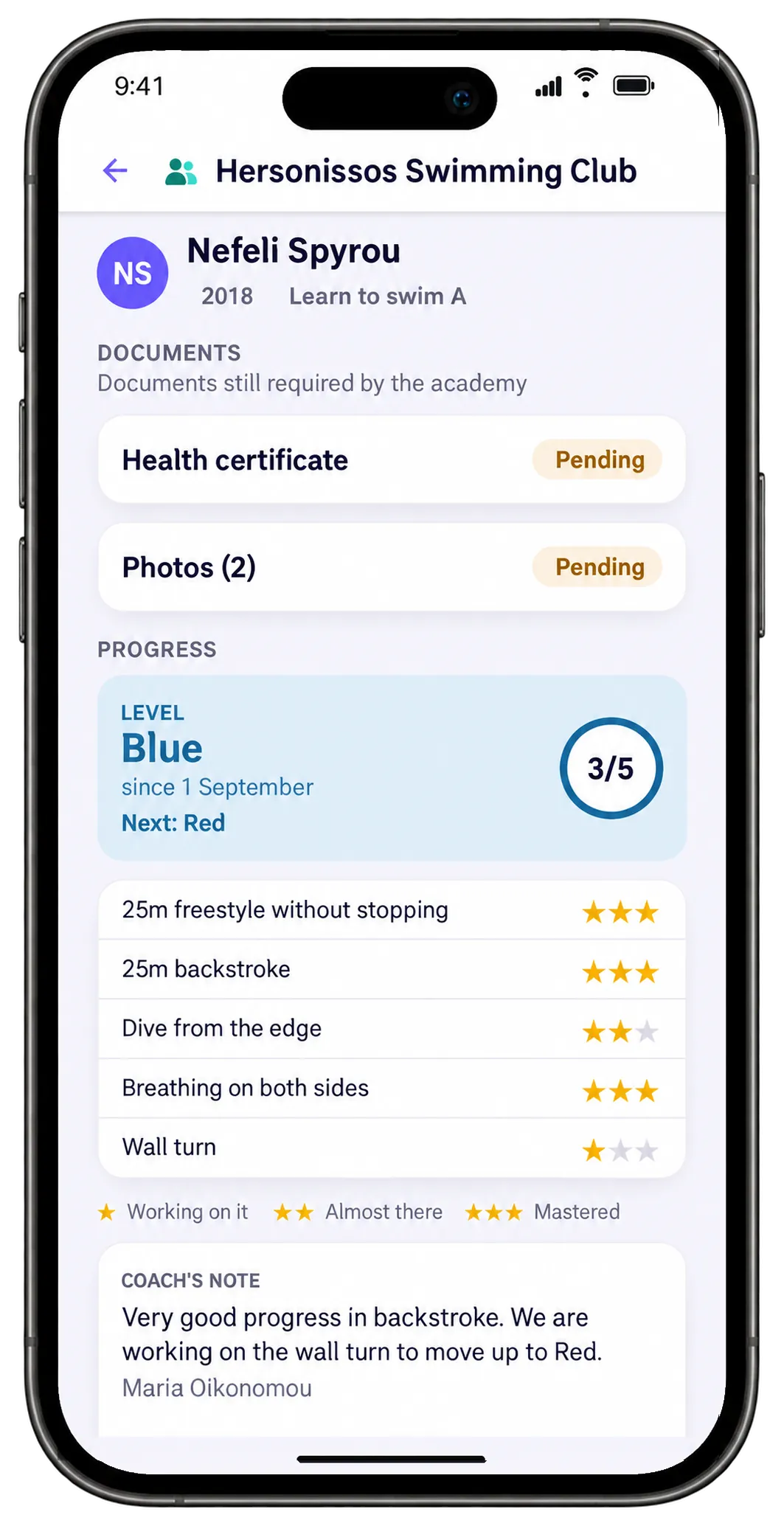 Nefeli's profile in the family app: Blue level, skills with stars and a coach's note