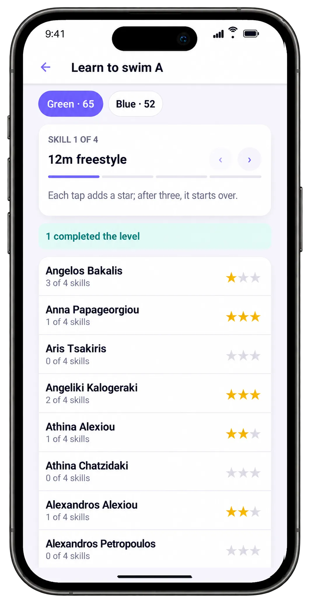 Learn to swim A progress on the coach's phone: one skill at a time, with stars for every child