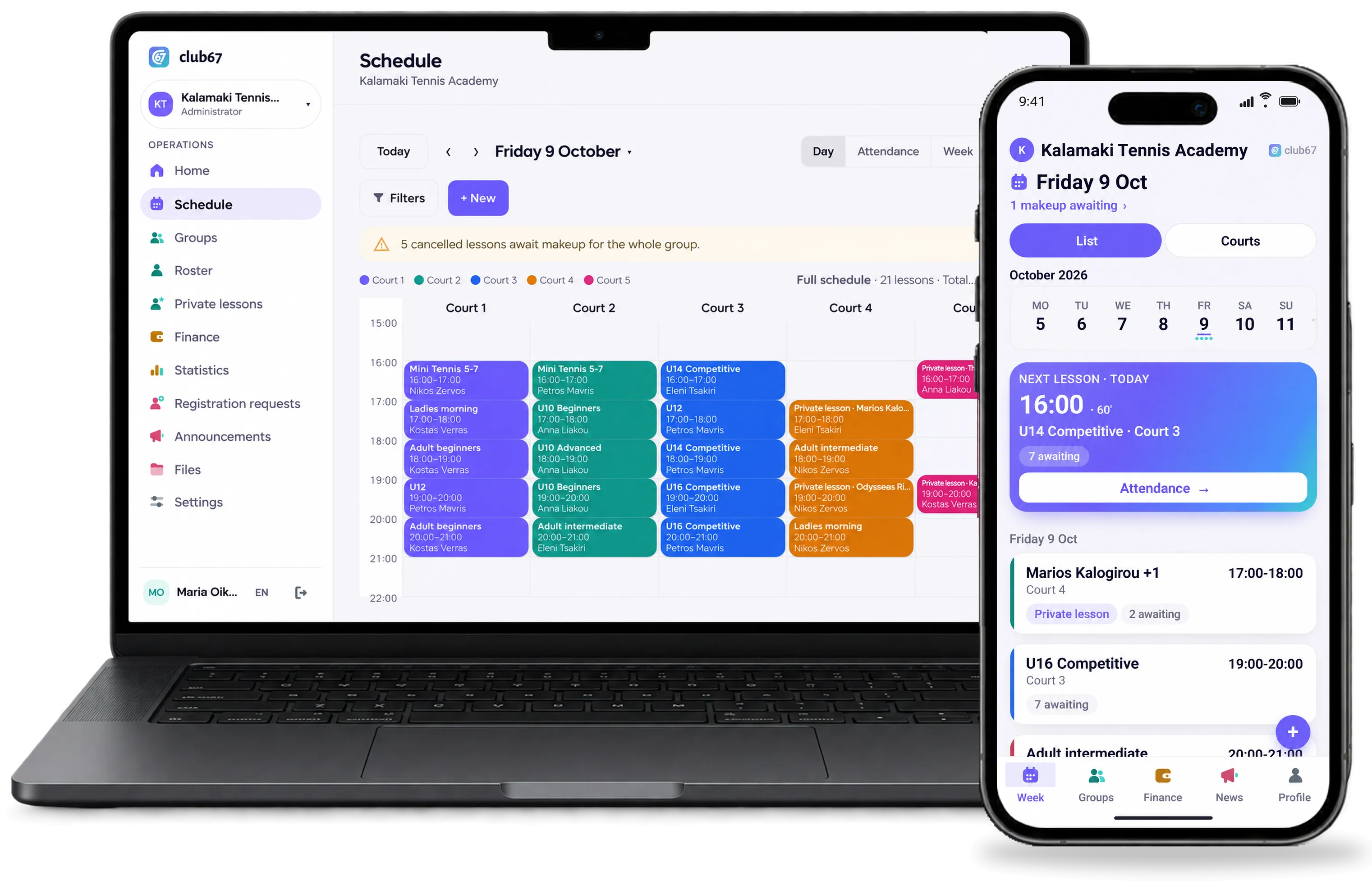 club67 for a tennis academy: the day's schedule per court with groups and private lessons on the laptop, and the coach's week on the iPhone