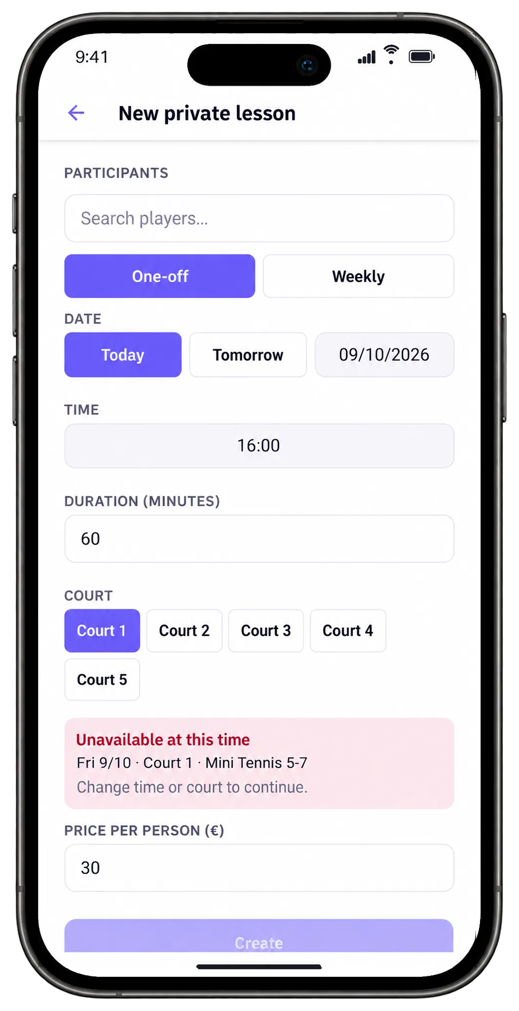 New private lesson on the coach's phone: today 16:00, Court 1, with a warning that Mini Tennis already has the court