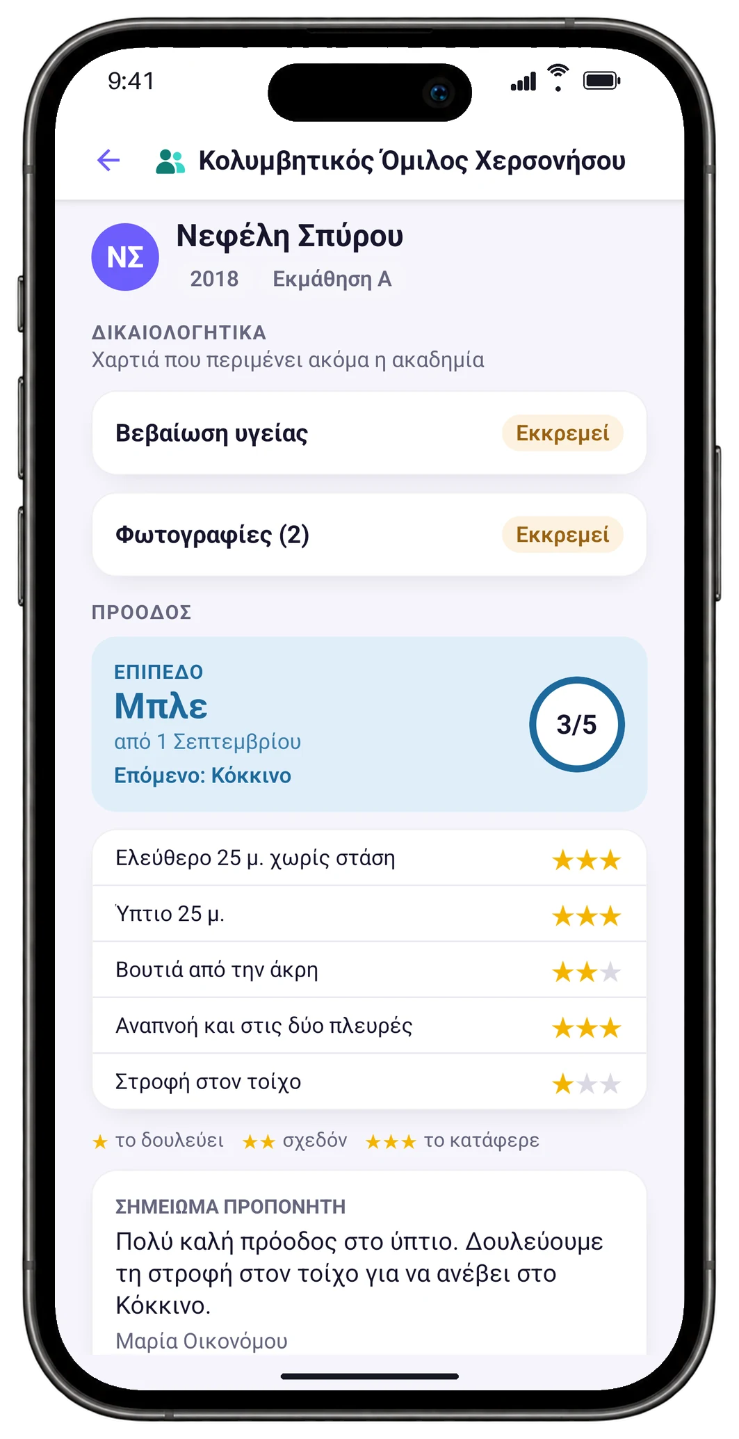 Η καρτέλα της Νεφέλης στην εφαρμογή του γονιού: επίπεδο Μπλε, δεξιότητες με αστέρια και σημείωμα προπονητή