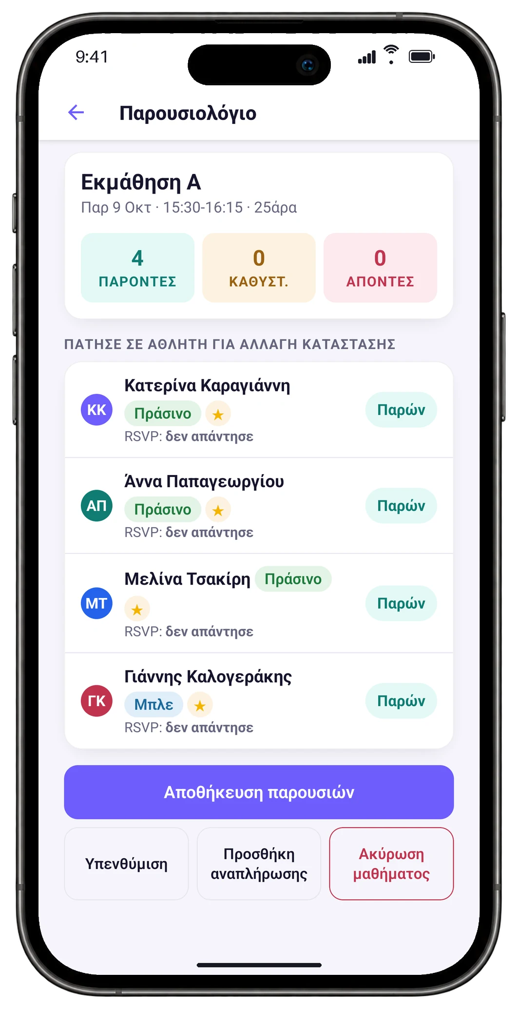 Το παρουσιολόγιο της Εκμάθησης Α στην 25άρα: τέσσερα παιδιά παρόντα, με το επίπεδο και τα αστέρια του καθενός