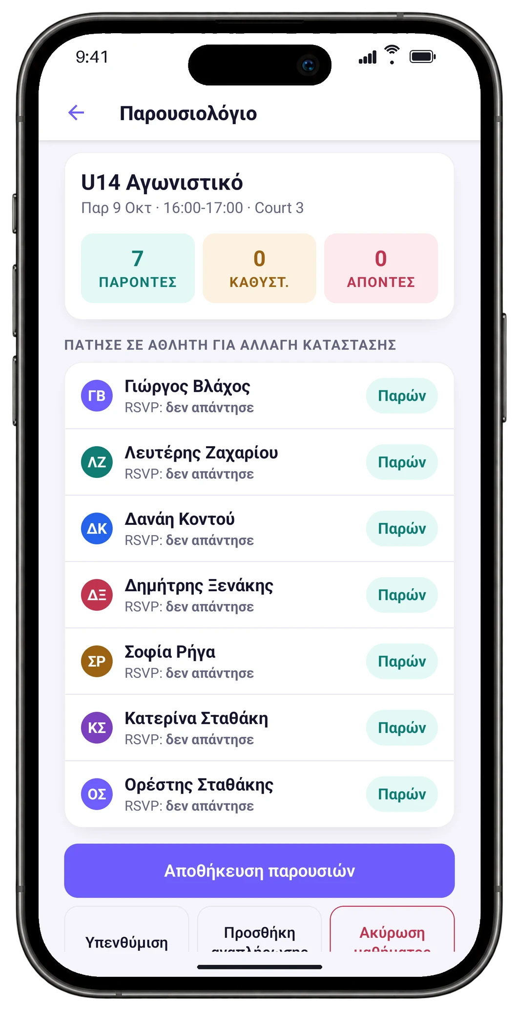 Το παρουσιολόγιο του U14 Αγωνιστικού στο Court 3: 7 παρόντες, με κουμπιά υπενθύμισης, προσθήκης αναπλήρωσης και ακύρωσης